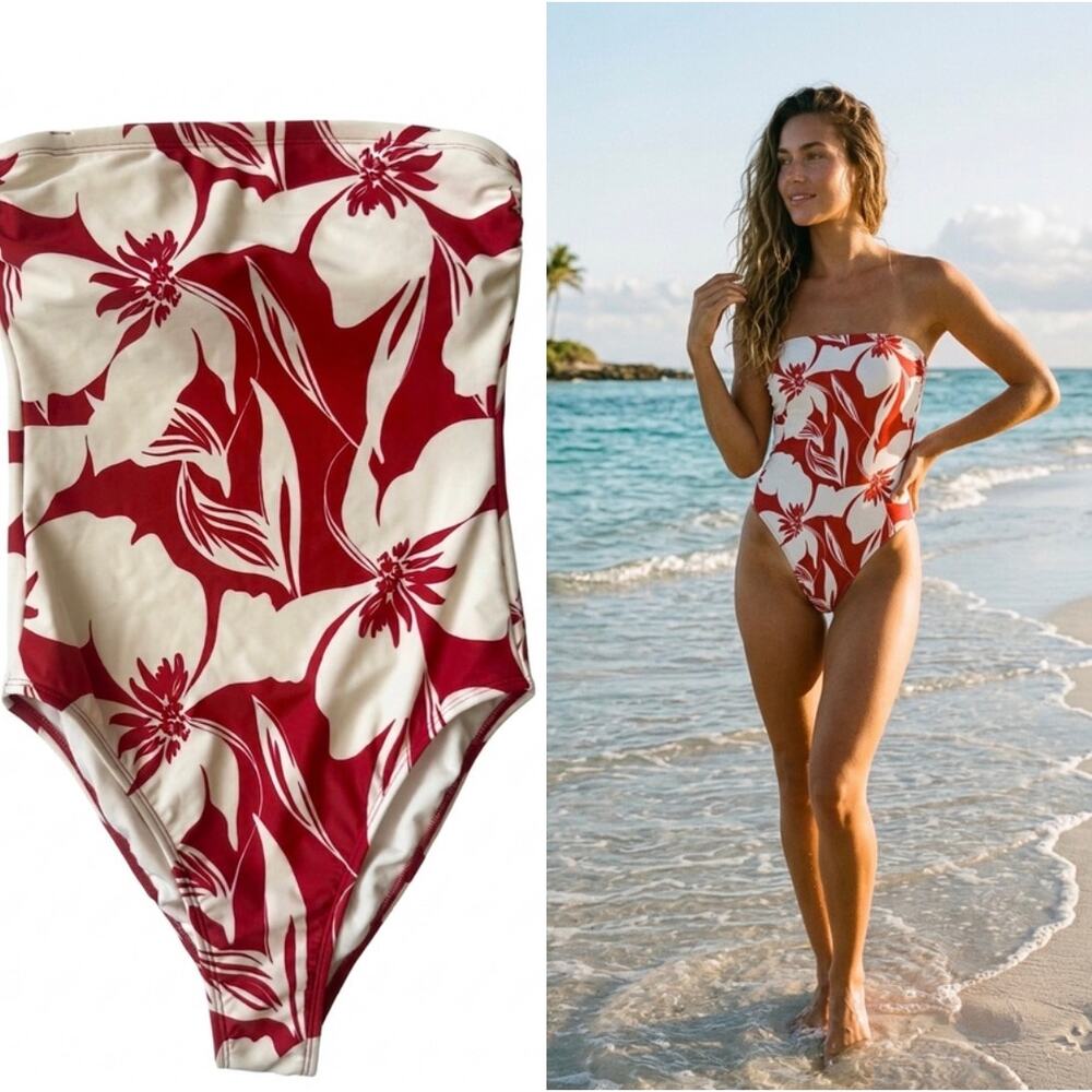 Shade & Shore Red Floral Bandeau One Piece Swimsuit